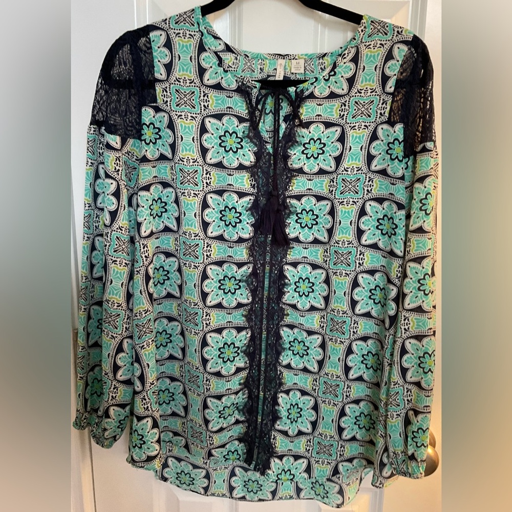 Cato Geometric Floral Blouse - Teal and Navy